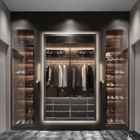 Luxury interior design, luxury lifestyle, decoration, aesthetics, interior design trends 2022, premium materials, dressing room, wardrobe, dark wardrobe, mens interior Dressing Room Wardrobe, Men Interior Design, Aesthetics Interior Design, Wardrobe For Men, Design Trends 2022, Dark Wardrobe, Room Wardrobe, Dream Closet Design, Luxury Wardrobe