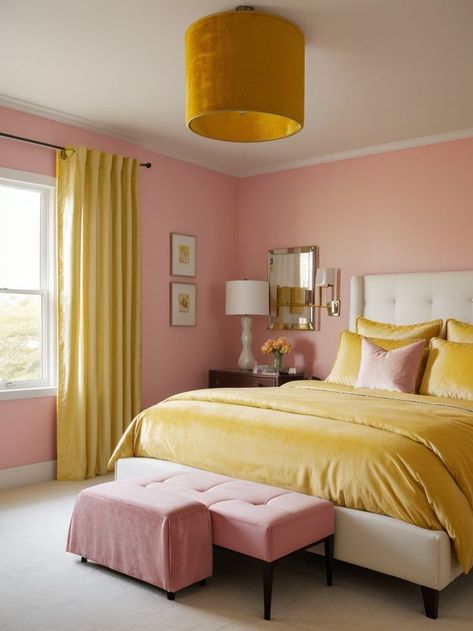 Yellow Pink Teal Bedroom, Yellow And Pink Aesthetic Room, Yellow Pink Bedroom Ideas, Light Pink And Orange Bedroom, Peach And Yellow Bedroom, Pink And Yellow Home Decor, Blue Pink And Yellow Bedroom, Pink And Yellow Bedroom Aesthetic, Pink And Yellow Room Decor