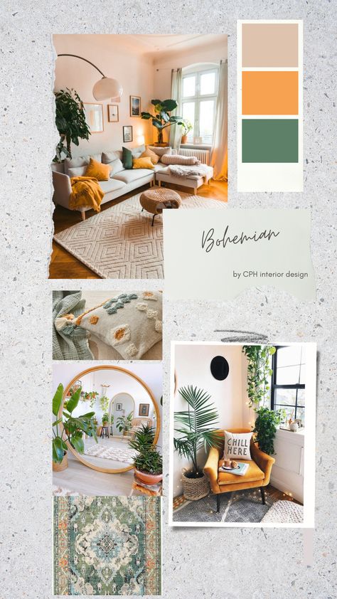 Mood Board Inspiration Interior, Interior Decorating Color Palette, Color Theme Interior Design, Interior Inspiration 2023, Apartment Color Palette Green, Color Theme For Interior Design, Bohemian Bedroom Mood Board, White Orange And Green Bedroom, Bohemianism Interior Design