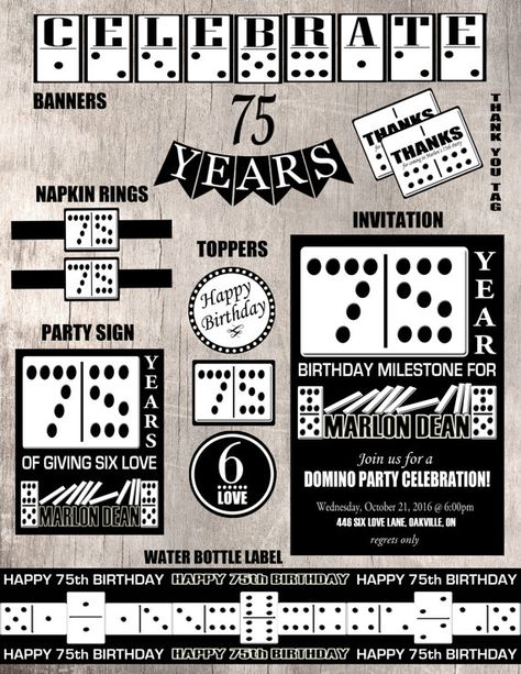 Domino Birthday Party Set  Printable Party by LemonSquaredLemons Birthday Party Ideas For Him, Xbox Birthday Party, Domino Crafts, Ideas Birthday Party, Happy 75th Birthday, Beer Bottle Labels, Birthday Party Set, 75th Birthday, Happy Party