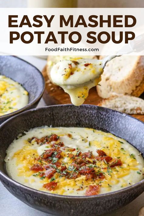 This comforting dish takes leftover mashed potatoes to new heights, blending them into a rich and savory soup. With a velvety texture and hearty flavors, it's the perfect way to warm up on chilly nights. Potato Soup Using Mashed Potatoes, Potato Soup Using Leftover Mashed Potatoes, Leftover Mashed Potato Soup Recipe, Potato Soup From Mashed Potatoes, Potato Soup From Leftover Mashed Potatoes, Mash Potato Soup, Leftover Mashed Potatoes Recipe, Mashed Potatoes Soup, Mashed Potato Soup Recipe