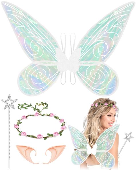 PRICES MAY VARY. Enchanting Fairy Wing Set: This set includes stunning fairy wings, whimsical elf ear accessories, and a floral crown headband. With adjustable straps, these wings are designed to fit comfortably on all sizes, making them ideal for both kids and adults Premium Quality Materials: The fairy wings are made from exquisite organza fabric, featuring a magical gradient effect that displays beautiful colors under different lighting conditions. Reinforced with a strong steel wire frame, t Fairy Costume For Girl, Wings Party, Adult Fairy Costume, Fairy Wings Costume, Wire Structure, College Halloween Party, Girls Halloween Dress, Up Cosplay, Fairy Costumes