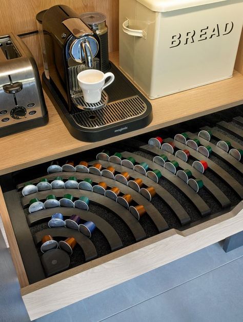 This wood organizer is sized just right for Nespresso capsules. Use it in a drawer or hang it on the wall — it comes in different species of wood, and you can switch up the flavors to change the arcs of color. It’s practically espresso art. K-Cup Storage Ideas for Keurig Coffee Drinkers Nespresso Coffee Bar, Coffee Organization Ideas, Nespresso Pods, Nespresso Coffee, Home Coffee Stations, Kitchens Luxury, London Kitchen, Coffee Nook, Coffee Bar Home