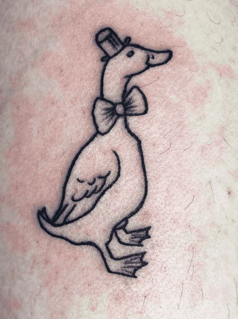 Goose Tattoo Design Images (Goose Ink Design Ideas) Goose Doodle Tattoo, Cartoon Goose Tattoo, Funny Goose Tattoo, Duck Duck Goose Tattoo, Runner Duck Tattoo, Funny Flash Tattoo Ideas, Goose Tattoo Traditional, Funny Duck Tattoo, Silly Goose Tattoo