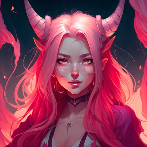 Tiefling Female, Skins Characters, Pink Hair Anime, Female Demons, Girl With Pink Hair, Witch Art, Digital Art Anime, Human Art, Digital Art Girl