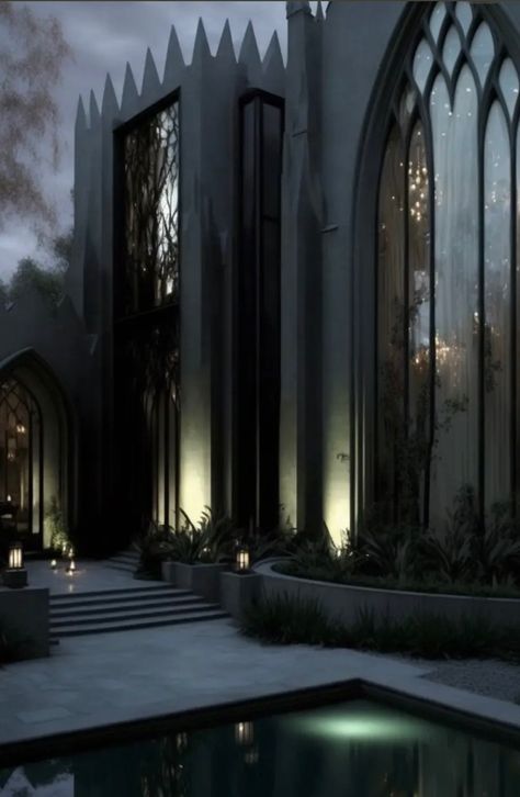 Modern Warlock Aesthetic, Gothic Exterior Design, Gothic Mansion Exterior, Gothic Architecture House, Modern Gothic House, Gothic House Exterior, Gothic Exterior, Gothic Modern House, Gothic Mansion