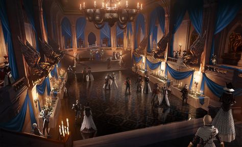 Ballroom Concept Art, Dnd Ballroom, Fantasy Wedding Art, Ballroom Art, Winter Kingdom, Palace Ballroom, Grey Warden, Episode Backgrounds, Winter Palace