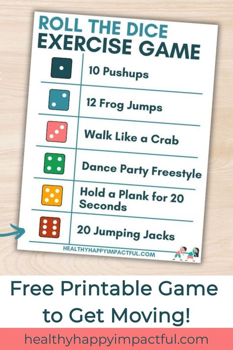 Roll the dice exercise game with exercises like pushups and jumping jacks. Roll The Dice Game, Exercise Games, Tongue Twisters For Kids, Riddles Kids, The Dice Game, Behaviour Management, Creativity Exercises, Free Printable Games, Kids Moves