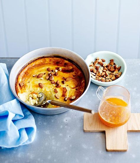 Australian Gourmet Traveller fast recipe for baked ricotta with honey, orange and almonds. Ricotta With Honey, Baked Ricotta, Almond Recipes, Trifle, Pavlova, A Bowl, Just Desserts, Cake Desserts, Ricotta