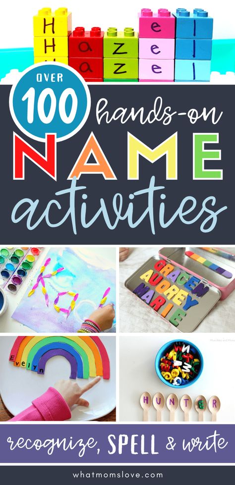 Fun Name Activities | Learn how to teach a child to recognize, spell & write their name. These fun name activities are perfect for toddlers, preschoolers & kindergartners - tons of play-based learning! Learning How To Write Name Preschool, Recognising Name Activities, Name Bags Preschool, Learning How To Spell Name, Play Based Preschool Curriculum, Learning Names In Kindergarten, Learn Your Name Preschool, Learning To Spell Name Activities, Toddler Name Recognition Activities