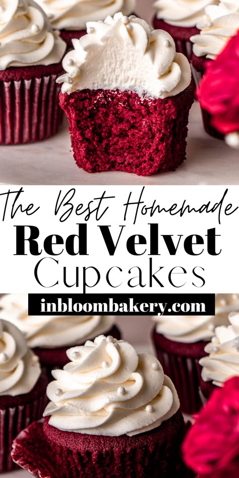 These are the best red velvet cupcakes! They're moist and delicious, with a hint of cocoa flavor, topped with silky-smooth, tangy cream cheese frosting. They're perfect for Valentine's Day, Christmas or any other special occasion! Homemade Red Velvet Cupcakes, Classic Cupcake Recipe, Red Velvet Cupcakes Recipe, Cupcakes Red Velvet, Cupcake Cream, Red Velvet Cake Recipe, Velvet Cake Recipes, Whipped Frosting, Cupcakes With Cream Cheese Frosting