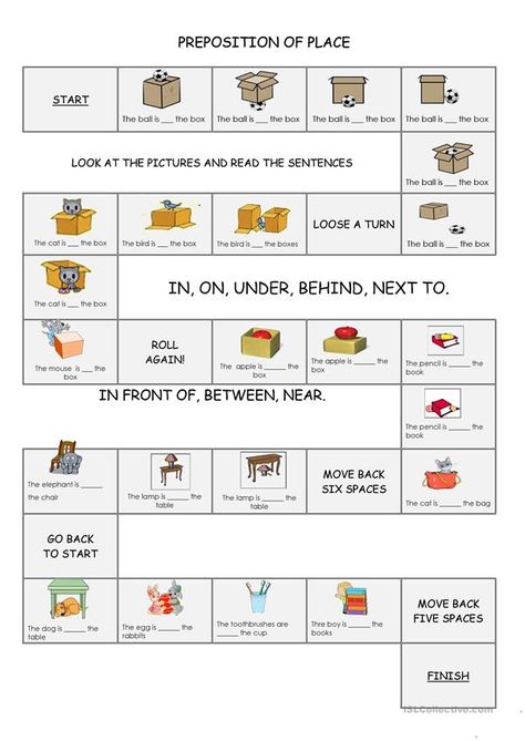 Esl Prepositions Of Place Worksheets, Free Preposition Printables, Preposition Activities Worksheets, English Game Worksheet, Place Prepositions Worksheet, Preposition Of Place Worksheet, Prepositions Game, Preposition Games, Games For Learning English