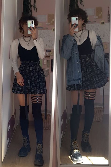 Egirl Casual Outfit, Casual E Girl Outfits, Alte Outfit Ideas, Aesthetics Dark Outfit, Thigh High Socks With Shorts, Astethic Winter Outfits, Cute Alt Outfits For School, Casual Egirl Outfit, Alt Shein Outfits