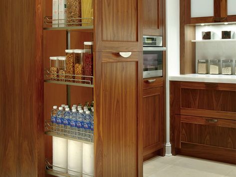 Storage Accessories | Plain & Fancy Cabinetry Corner Kitchen Pantry Cabinet, Contemporary Walnut Kitchen, Wood Pantry Cabinet, Interior Design Country, Corner Kitchen Pantry, Kitchen Decor Hacks, Walnut Kitchen Cabinets, Wooden Pantry, Tall Kitchen Cabinets