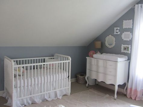 Jenny Lind Crib, Nursery Layout, Tiny Nursery, Nursery Accent Wall, Jenny Lind, Sweet Nursery, Slanted Ceiling, Attic Space, Nursery Room Design