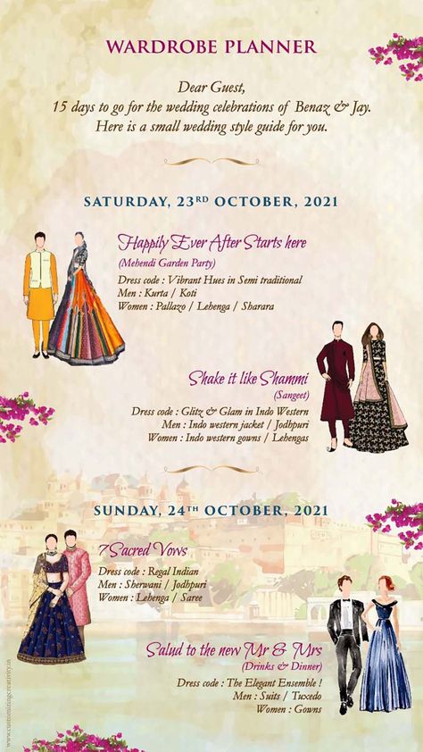 Wedding Themes Invitations, Cards For Marriage, Wedding Card Theme Invitation Ideas, Wedding Invitations For Destination Weddings, Indian Wedding Itinerary Template, Wedding Wardrobe Planner Template, Indian Wedding Dress Code Invitation, Wardrobe Planner For Indian Wedding, Wedding Dress Code Invitation