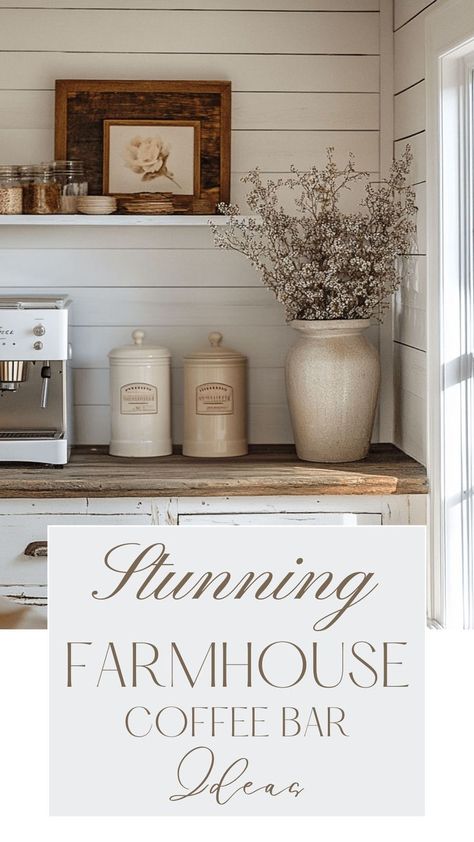 farmhouse coffee bar Rustic Coffee Bar Ideas, Coffee And Wine Bar Ideas, Farmhouse Coffee Bar Ideas, Coffee Bar Ideas, Farmhouse Coffee Bar, Best Farmhouse, Coffee Supplies, Kitchen Ideas Modern Luxury, Cute Decor