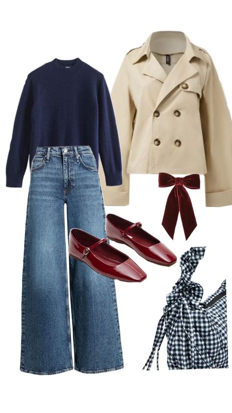 navy blue sweater outfit with red shoes and bow Navy Sweater Fall Outfit, Navy Blue With Beige Outfits, Navy Blue Outfit Winter, Navy Holiday Outfit, Red Sweater Outfit Fall, Navy Red Outfit, Burgundy Navy Outfit, Burgundy And Navy Outfit, Navy Blue Sweater Outfit Winter