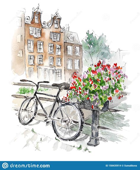 Painted Bike, Travel Art Journal, Illustration Art Kids, Watercolor Architecture, Watercolor Journal, Traditional Houses, Cow Painting, Amsterdam Netherlands, Watercolor Sketch