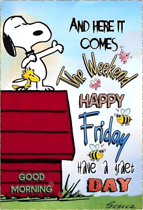 Snoopy Friday Quotes, Charlie Brown Good Morning, Friday Morning Quotes Funny Humor, Happy Friday Morning Quotes, Snoopy Happy Friday, Tgif Humor Happy Friday, Friday Snoopy, Snoopy Sayings, Lunch Pics