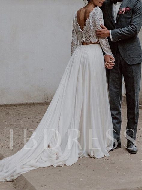 Two Pieces Lace Long Sleeves Beach Wedding Dress 2019 Long Sleeve Lace Crop Top, Lace Top Wedding Dress, Summer Gowns, Sweep Train Wedding Dress, 2nd Wedding, Long Sleeve Wedding Gowns, Two Piece Wedding Dress, Wedding Gowns With Sleeves, Lace Wedding Dress With Sleeves