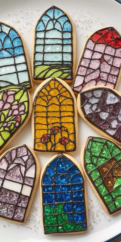 Create a festive masterpiece with these gorgeous Stained Glass Window Cookies! Perfect for Christmas parties and cookie exchanges, these sweet treats look as magical as they taste, bringing joy to both kids and adults alike. Stained Glass Cookies Royal Icing, Stain Glass Cookies Christmas, Gingerbread House Stained Glass Windows, Stained Glass Cookies Recipe, Stained Glass Cookie, Stained Glass Christmas Cookies, Stained Glass Cookies Christmas, Stained Glass Window Cookies Recipe, Sugar Glass Cookie