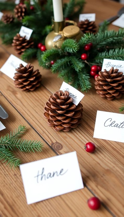 21 Creative DIY Christmas Place Setting Ideas That Will Wow Your Guests!The holiday season is a time for gathering, celebration, and creating memories with loved ones.Transform your dining table into a festive masterpiece with these 21 creative DIY Christmas place setting ideas that will leave your guests in awe.From elegant centerpieces to charming rustic touches, each idea is designed to inspire your creativity and elevate your holiday dining experience.1. Pinecone Place CardsBring the beauty of nature to your table with charming pinecone place cards.Simply attach a small tag with your guest's name to a pinecone using twine. These rustic accents add a whimsical touch and can be complemented by a foliage runner or a simple burlap tablecloth.2. Festive Napkin RingsCraft your own festive na Pinecone Seating Cards, Christmas Table Name Cards, Christmas Place Setting Ideas, Christmas Name Place Cards, Christmas Place Setting, Place Setting Ideas, Pinecone Centerpiece, Diy Place Cards, Christmas Place Settings