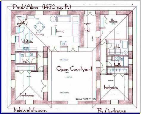 2 bedroom u shaped floor plans with courtyard | clutterus...: a straw U Shaped House Plans, L Shaped House Plans, U Shaped Houses, Courtyard Home, L Shaped House, Straw Bale House, Courtyard House Plans, House Plans One Story, Cob House