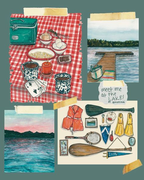 summer is here.. MEET ME AT THE LAKE! 🚣‍♂️🛟 a small nostalgic collection with an ode to summers on the lake. I spent all of my summers growing up in western NY tanning on the lake, boating, having campfires, swimming under the stars.. some of my favorite memories. these fine art prints will make their debut in Nashville this week at @porterflea - who’s theme is summer camp! here’s my take on summer camp on the lake, with a vintage twist. cheers to many more summers on the lake 🍻 Camp Scrapbook, Vintage Summer Camp, Meet Me At The Lake, Pine Pitch, Polaroid Collage, Colony House, Lake Boating, Nostalgic Summer, Retro Nature