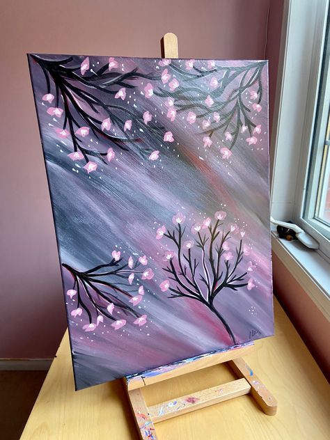 Cherry blossom trees on a pink and grey background. Acrylic painting made by myself, can be found @AuracleTreasures on Etsy! 🫶🏻 Pink And Grey Background, Background Acrylic Painting, Cherry Blossom Painting Acrylic, Colourful Background, Diy Canvas Art Easy, Pink Canvas Art, Blossom Painting, Brampton Ontario, Cherry Blossom Painting