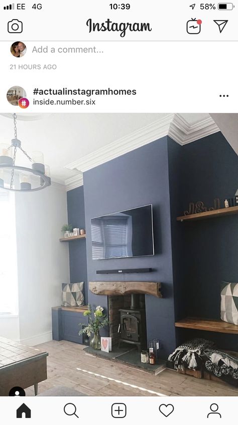 Blue Accent Wall Living Room, Blue Dining Room Decor, Living Room Design Blue, Log Burner Living Room, Navy Living Rooms, Feature Wall Living Room, Living Room Wall Color, Blue Living Room Decor, Wall Living Room