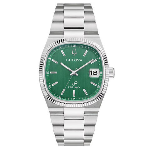 Fred Meyer Jewelers $469.00 - This handsome men's Bulova Super Seville watch features a 43x38mm silver-tone case with a green dial and silver-tone stick hour markers. Other features include a flat anti-reflective sapphire crystal protective window, precisionist quartz movement, a date display at 3 o' clock, luminous hands and markers, and a silver-tone stainless steel bracelet with a deployment clasp. Note: George Gianulias may receive compensation from this pin. Green Stainless Steel Chronograph Watch Accessories, Luxury Green Chronograph Watch With Automatic Movement, Bulova Super Seville, Bulova Precisionist Men, Bulova Crystal Watch, Dream Watches, 3 O Clock, Seville, Watch Collection