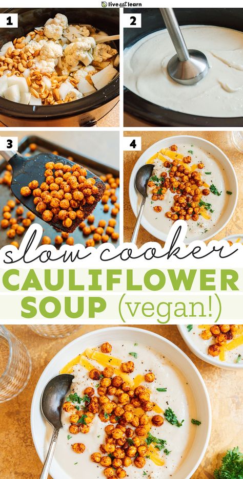 "Fantastic," as described by a reader, slow cooker cauliflower soup only takes a handful of ingredients. This recipe requires nearly no prep work and is naturally creamy and vegan, thanks to cauliflower! Spiced Cauliflower Soup, Roasted Cauliflower Soup Recipes, Cauliflower Soup Recipes Healthy, Slow Cooker Cauliflower, Slow Cooker Cauliflower Soup, Soup With Cauliflower, Soup With Veggies, Roasted Cauliflower Soup, Cauliflower Soup Recipes