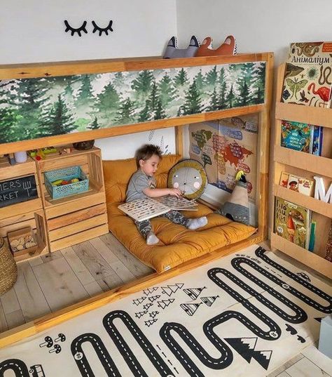 Fine Motor Skills with Sand Trays Reading Snug, Boys Room Toddler, Yellow Rugs, Book Area, Cozy Area, Big Pillow, Ikea Kura Bed, Toddler Boy Room Decor, Boy Toddler Bedroom