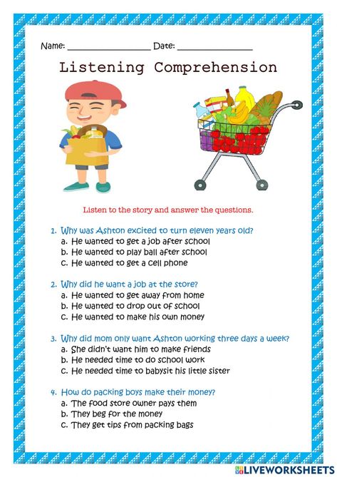 Listening Comprehension online exercise for 3 Listening Comprehension Worksheets, Listening Comprehension Activities, Worksheets For Grade 3, Listening Comprehension, Comprehension Worksheets, English Language Learners, Active Listening, Easy Listening, Comprehension Activities