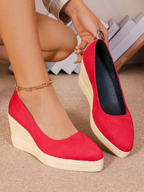 Women's Wedge Platform Espadrille Pumps, Closed Toe Fashion High Heel Sandals Red Vacation,Sexy   Fabric Plain,Textured Pattern    Women Shoes, size features are:Bust: ,Length: ,Sleeve Length: