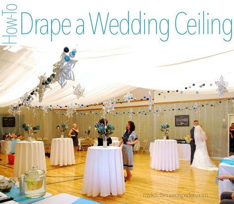 How to Drape a Wedding Ceiling with material:  transform any party space to something soft and elegant. Wedding Draping, Wedding Reception Hall, Draping Wedding, Wedding Ceiling, Ceiling Draping, Wedding Hall Decorations, Diy Ceiling, Wedding Hall, Hall Decor