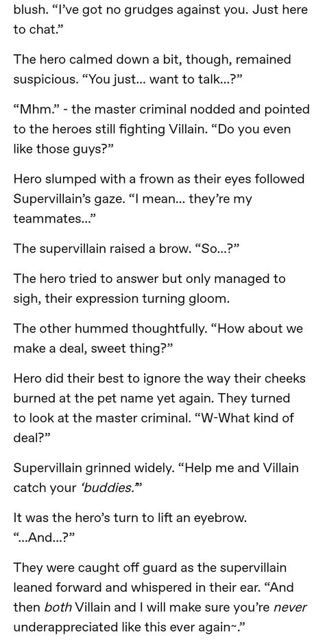 Funny Villain Dialogue Prompts, Villian Hero Romance Prompts, Hero X Villain Prompts Romance, Villian X Hero Prompts Tumblr, Villain X Hero Prompts, Hero X Villain Prompts Dark, Hero And Villain Writing Prompts, Hero X Villain Prompts Dirty, Hero X Villain Prompts