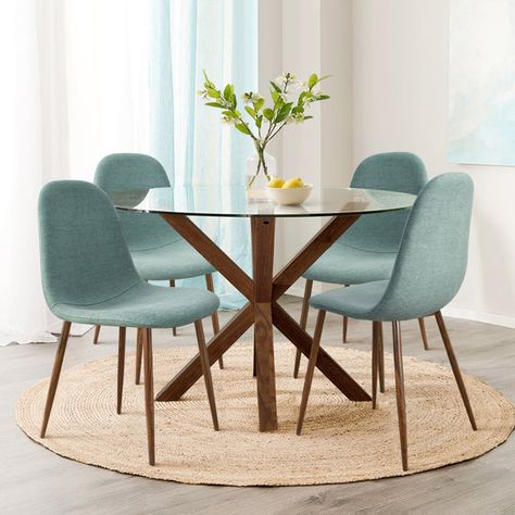 Corrigan Studio® Dagbjartur 4 - Person Dining Set & Reviews | Wayfair Walnut Texture, Round Glass Dining Table, Glass Dining Table Set, Glass Dining Set, Dining Table Sets, Glass Round Dining Table, Walnut Dining Chair, Round Dining Table Sets, Round Dining Set