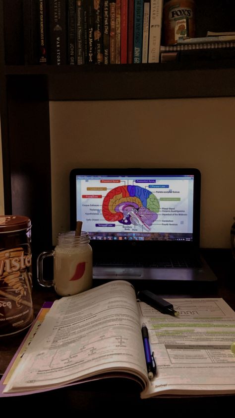 The pin includes a picture of my desk. The desk has a laptop on top of it with a diagram of human brain pulled up. In front of the laptop is an open notebook with highlighter pen between the pages. Near the laptop is a mason jar containing cold coffee and a chocolate Twister. The Twister tin box is also visible in the left corner. Above the laptop is a shelf containing a few books and another jar of candies. Focus On School Aesthetic, Better Version Of Myself Aesthetic, Study Asethetic Pic, Bettering Myself Aesthetic, Focus On Myself Aesthetic, Working On Myself Aesthetic, Focusing On Myself Aesthetic, Best Version Of Myself Aesthetic, Myself Aesthetic