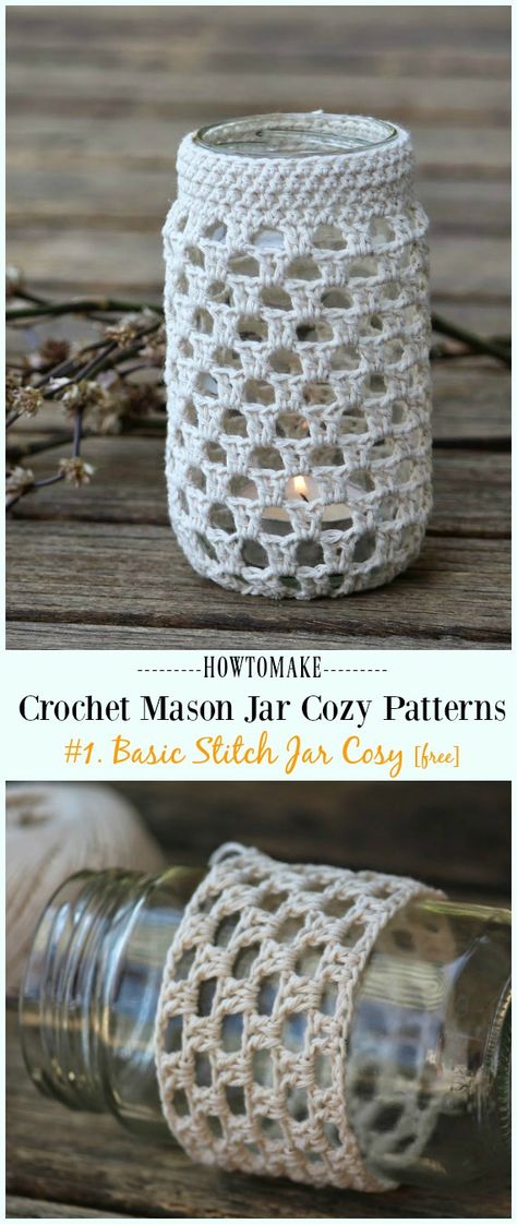 Basic Stitch Crochet Jar Cosy Free Pattern- #Crochet #MasonJar Cozy Free Patterns Crochet Mason Jar, Crochet Jar Covers, Crochet Candle, Mason Jar Cozy, Crochet Patterns Free, Crochet Shell Stitch, Crochet Cozy, Wine Bottle Diy Crafts, Crochet Kitchen