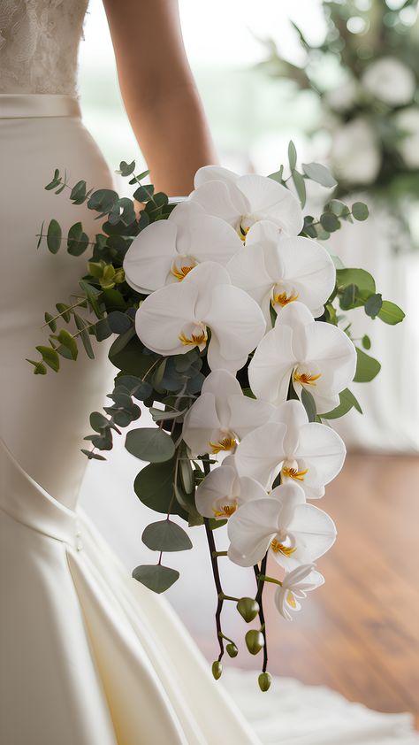 Wedding Decorations Orchid, Bouquet Of Flowers White Roses, Minimal Orchid Bouquet, Wedding Flower Bride, Wedding Bouquets Bride Orchid, Waterfall Flower Bouquet, Orquid Wedding Bouquet, Orchid Waterfall Bouquet, Hanging Orchids Wedding