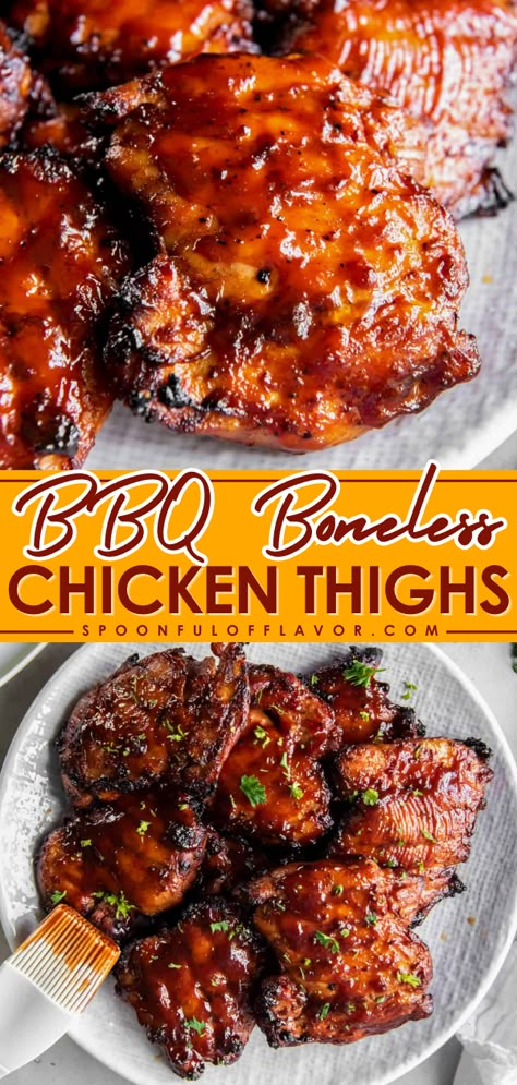 Enjoy these delicious BBQ Boneless Chicken Thighs any time of the year. Cook them on the grill or in the oven in less than 30 minutes! Boneless Chicken Thigh Crockpot Meals, Chicken Thigh Recipes Bbq Grill, Chicken Thigh Barbeque Recipes, Bbq Grill Recipes Meat, Chicken Thigh Bbq Marinade, Stove Top Barbecue Chicken, Chicken Thighs On Bbq, Chicken Ribs Recipe, Quick And Easy Boneless Chicken Thigh Recipes