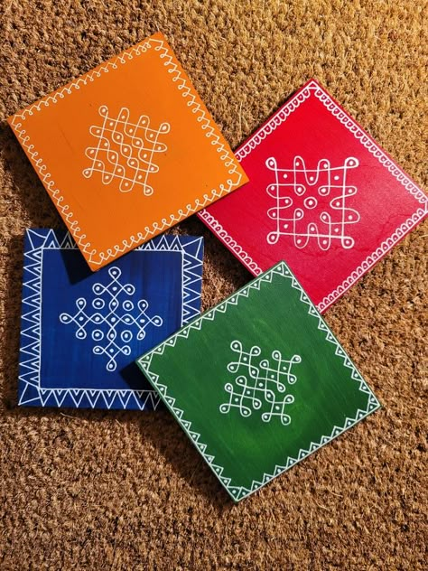 Warli Painting Ganpati Decoration, Painting Coasters Ideas, Traditional Rangoli Design, Kolam Art, Coaster Art, Simple Rangoli Border Designs, Small Rangoli Design, Rangoli Designs Flower, Diy Wall Art Decor