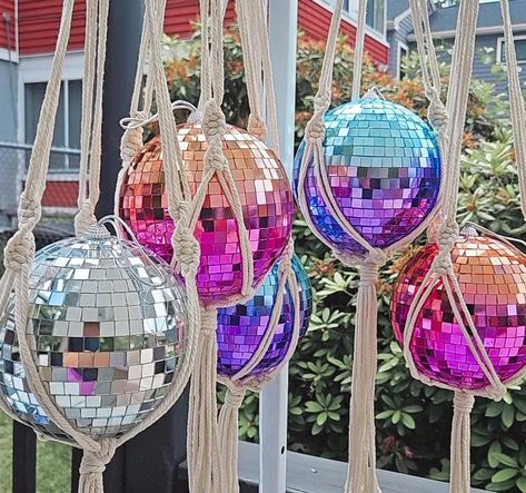 Disco Ball Macrame Diy, Disco Balls Hanging From Trees, Disco Ball Macrame Hanger, Mini Hanging Disco Balls, Disco Ball Hanging Installation, Disco Decorations, Macrame Hanger, Mirror Ball, Hanging Macrame