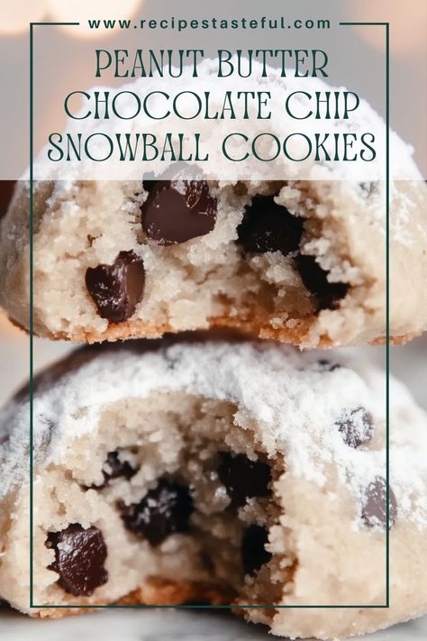 These Peanut Butter Chocolate Chip Snowball Cookies are soft, buttery, and loaded with chocolate chips. Their melt-in-your-mouth texture and delightful peanut butter flavor make them a perfect treat for any occasion. Chocolate Chip Snowball Cookies, Christmas Dessert Gifts, Xmas Cookies Recipes, Chocolate Christmas Cookies, Snowball Cookie Recipe, Keto Christmas Cookies, Cookie Recipes Chewy, Peanut Cookies, Snowball Cookies