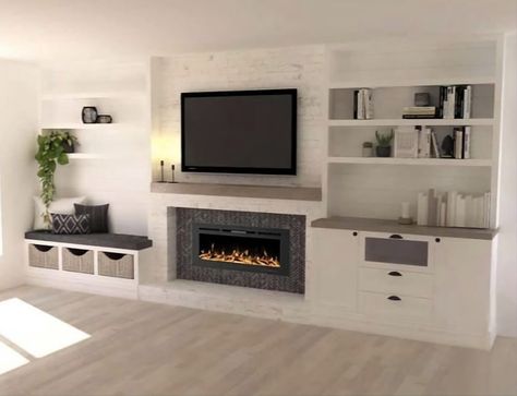 Lounge With No Fireplace, Family Living Room Ideas Cozy, Feature Wall Ideas Tv, Built In Tv Wall Unit Small Living Room, Living Room Designs Media Wall, Tv Unit Next To Fireplace, Media Wall With Alcoves, Media Wall Lounge, Lounge Media Wall Ideas