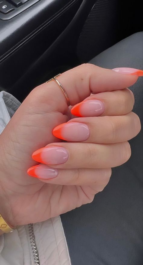 Hot Orange French Tip Nails, Summer Nails Inspo French Tip, Neon Orange French Tip Nails Almond, Coral Orange French Tip Nails, Bright French Tip Nails Almond, Bright Summer Nails French Tips, Bright Orange Tip Nails, Acrylic Nails Orange French Tip, French Tip Coral Nails