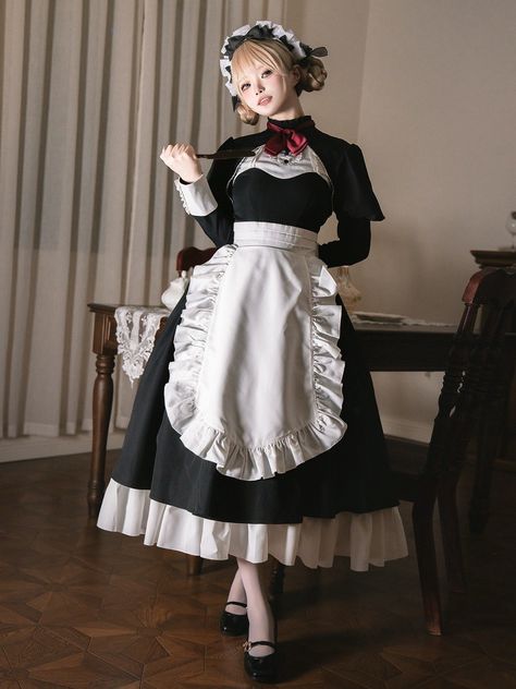 Juliette sleeves, non-removable maid apron at the waist, back zipper, black and white color scheme.  This price includes an OP only, others are not included.   	 		 			Size 			S 			M 			L 		 		 			Full Length 			116 			119 			122 		 		 			Bust 			83 			88 			93 		 		 			Waist 			68 			73 			78 		 		 			Shoulders 			36 			37.5 			39 		 		 			Sleeve Length 			58 			59.5 			61 		 		 			Cuff 			21 			22 			23 		 		 			Hem Circumference 			360 			365 			370 French Maid Outfit, Apron Waist, Black And White Color Scheme, Maid Clothes, Victorian Maid, Maid Apron, White Color Scheme, Clothing Reference, Maid Uniform