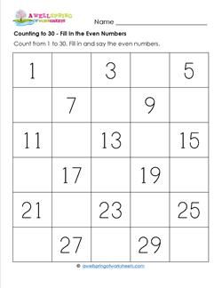 Worksheets by Subject | A Wellspring of Worksheets Fill In The Missing Numbers 1 To 30, Math Division Worksheets, Letter A Coloring Pages, Number Board, Even Numbers, Best Books List, Number Activity, Holiday Homework, Toddler Homeschool